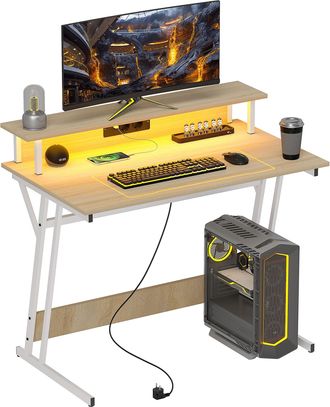 OEM Escritorio Gaming Con Luces Led 100x60 Cm Omas De Corriente Soporte Para Monitor Estantes Y Control Remoto Natural