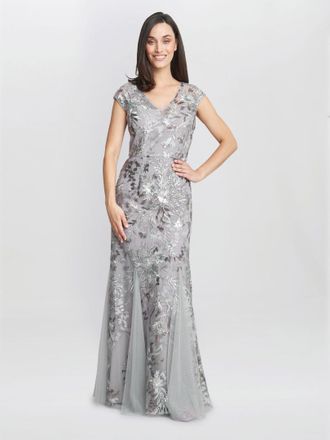 Gina Bacconi Womens Caitlin Sleeveless Maxi Fit And Flare Sequin Gown - Silver - Size 14 UK