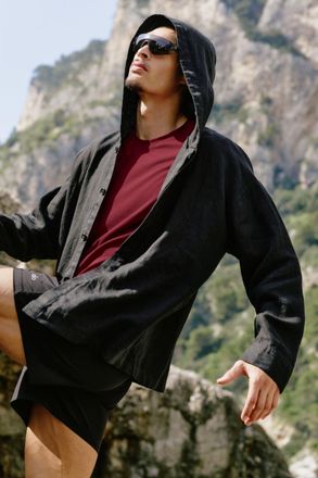 Alo | Linen Days Button Up Hoodie in Black, Size: Medium