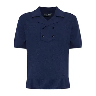 Dolce & Gabbana V-neck Knitwear, male, Blue, Size: XL Polo Shirt with Embroidered Logo