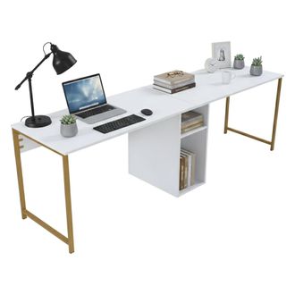 Dmora Escritorio Caprioli, Escritorio Multiusos, Mesa De Oficina Para Pc, El Plan De Trabajo, 240x60 H74 Cm, Blanco Y Oro - Dmora