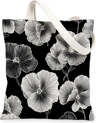 Generic Spring Pansy Flower Canvas Tote Bag for Shopping 13x15, Black Floral Wildflower Reusable Grocery Print Bag for Women Men, Aesthetic Retro Aesthetic Pa