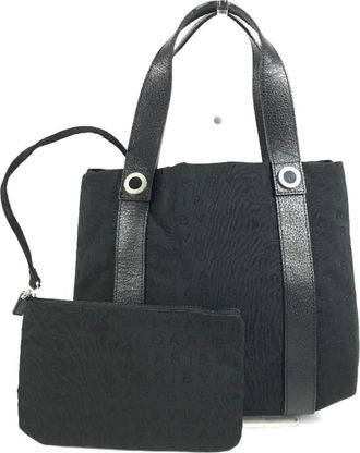 Bulgari Logomania Black Leather Canvas Handbag Tote Bag (Pre-Owned)