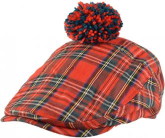 Major Wear Mens Official Red Scottish Tartan Flat Cap with Pom Pom (Small/Medium)