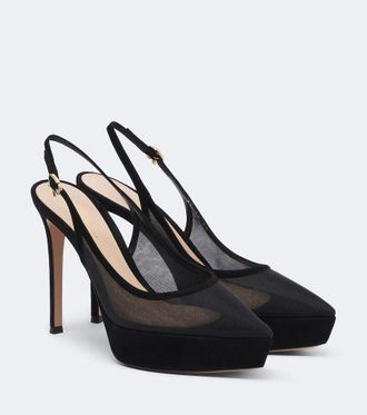 Gianvito Rossi Suede-trimmed mesh platform slingback pumps