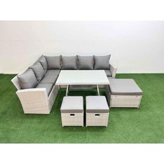Fimous Garden Outdoor Rattan Furniture Set Rattan Corner Sofa Oblong Dining Table Set with 3 Footstools Light Grey Mixed 9 Seater - Fimous
