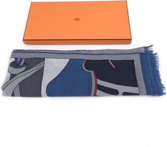 Herm&egrave;s Blue Cashmere-Silk Blend Womens Scarf (Pre-Owned)