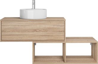 Vente-Unique Mueble de ba&ntilde;o suspendido de natural claro con lavabo redondo - 1 caj&oacute;n y 2 estantes - 94 cm - TEANA II