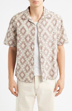 Wax London Didcot Diamond Lace Inset Button-Up Camp Shirt in Taupe /Ecru at Nordstrom, Size Xx-Large