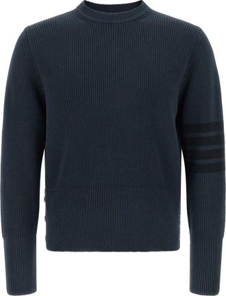 Thom Browne Cotton Cardigan Stitch 4-Bar Pullover - Heren - Ronde hals truien - Blauw - L - Katoen - Truien & Vesten