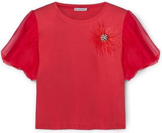 Motivi T-shirt met juweelbroche en veren - Dames - T-shirts - Rood - XS - Katoen - Tops