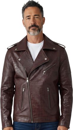 Infinity Leather Mens Brown Cow Leather Alligator Print Embossed Biker Jacket - Cologne