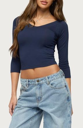 Edikted Cecilie V Neck Quarter Sleeve Crop T-Shirt in Navy at Nordstrom, Size X-Small