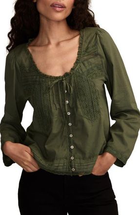 Lucky Brand Lace Trim Long Sleeve Swing Top in Climbing Ivy at Nordstrom, Size X-Small