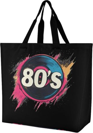 Generic Vintage 80s Record Large Reusable Shopping Bag Lightweight Foldable Tote Bags Washable Shoulder Handbag