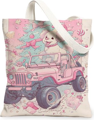 Generic Christmas Dog Canvas Tote Bags, Cute Puppy and Car Pattern Reusable Grocery Bags, Winter Fun Vintage Washable Canvas for Tr, Peach, 13x15 Inch