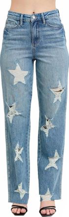 Judy Blue High Waist Rigid Magic Star Shaped Destroy 90s Straight Leg Jeans In Light Blue