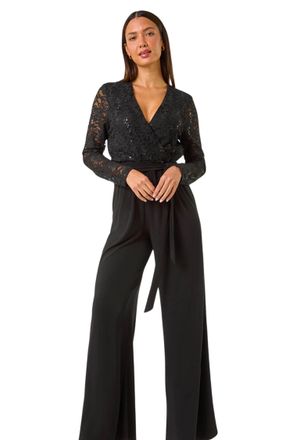 Roman Womens Sequin Lace V-Neck Stretch Jumpsuit - Black - Size 20 UK