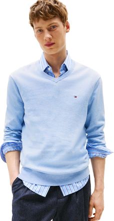 Tommy Hilfiger Mens Cotton Solid V Neck Sweater Lightweight Pullover, Vessel Blue Heather, XL