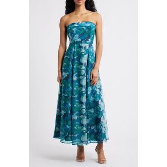 Lulus Elena Strapless Floral Organza Midi Dress in Blue Multi at Nordstrom, Size X-Large