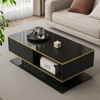 Merax 100cm High-Gloss Coffee Table with Gold Accents, 3 Drawers & LED in Black