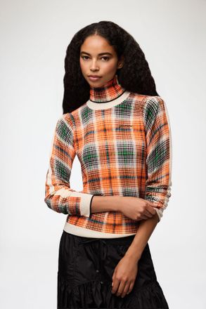 Ganni Orange Turtleneck in Check Merino - Size XXS Wool