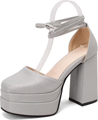 Generic Womens Strappy High Heeled Dress Pumps Square Toe Glitter Wedding Bridal Shoes Chunky Block Heel Party Prom Shoes,Grey,10.5 UK