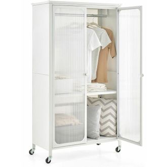 Costway Costway - Rolling Storage Wardrobe Cabinet Mobile Wardrobe Armoire Closet w/ Hanging Rod