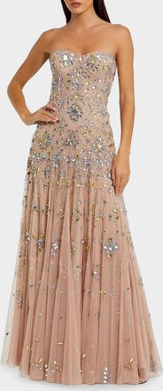 Mac Duggal Crystal-Embellished Mesh Strapless Gown