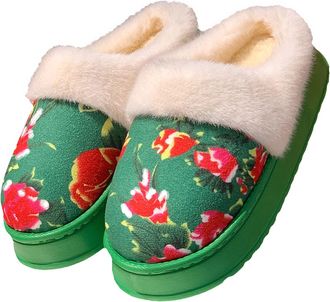 Generic Green Female Fashionable Casual Winter Soft Thick Bottom Big Flower Indoor Home Shoes with Warm Couple Mop and Easy Slip-On