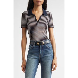 Nili Lotan Gemmatta Stripe Cotton Rib Polo in Dark Navy/Brown Stripe at Nordstrom, Size X-Large