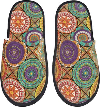 Generic Soft House Slipper Geometric Mandala Flowers Cotton Slipper Plush Womens Slippers for Indoor Family Guest L