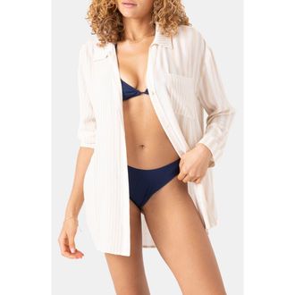 Roxy Stripe Out Oversize Cover-Up Button-Up Shirt in Egret at Nordstrom, Size X-Small