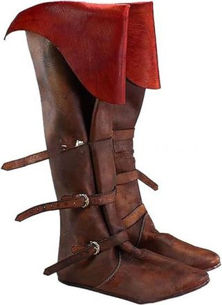 Generic Mens Round Toe PU Leather Pirate Boots Pull on Medieval Boot with Buckle Flat Heel Steampunk Boots,Brown,8.5 UK