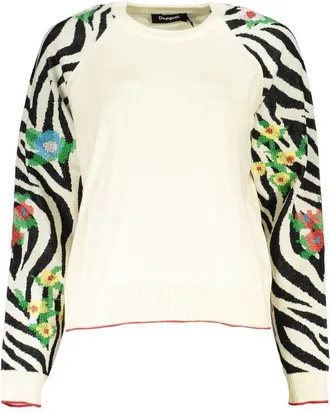 Desigual Elegant White Crew Neck Sweater with Contrast Womens Details