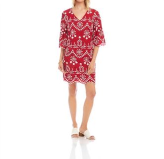 Karen Kane Flare Sleeve Embroidered Dress In Red With Off White
