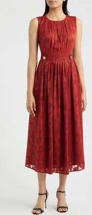 Anne Klein Pleated Floral Jacquard Midi A Line Dress in Rust at Nordstrom, Size 16