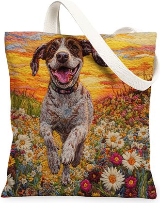 Generic Spring Doberman Dog Canvas Tote Bag for Shopping 13x15, Knitting Style Garden Puppy Reusable Grocery Print Bag for Women, Fun Pet Beach Aesthetic Pain