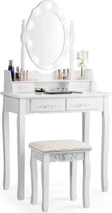 Costway Costway Tocador De Maquillaje Con Taburete Espejo Giratorio Y Led Mesa De Cosm&eacute;tico Con 4 Cajones Y Tapa Extra&iacute;ble (blanco)