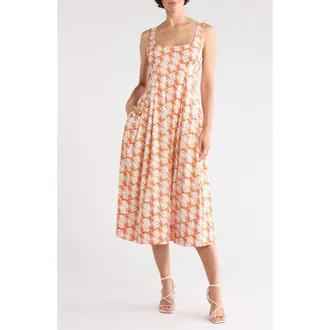 Diane Von F&uuml;rstenberg Thalia Tie Waist Stretch Cotton Dress in Palm Geo Orange at Nordstrom Rack, Size Xx-Small