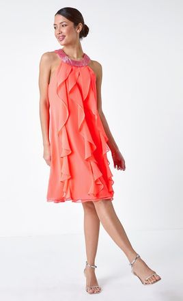 Roman Embellished Collar Frilled Chiffon Dress