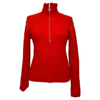 Chlo&eacute; Ruffled Neck Ribbed-Knit Sweater in Red Wool