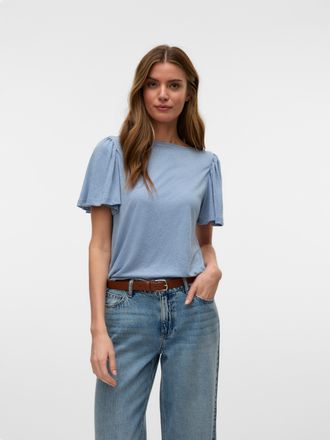 Vero Moda Kurzarmshirt VERO MODA VMPALOMA ONELLA SS BOATNECK TOP VMA NOOS, Damen, Gr. XS, blau (dusty blau), Jersey, Obermaterial: 88% Polyester, 12% Leinen, un