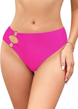 SHEKINI Womens Mid Waisted Bikini Bottom Cut Out Metal Ring Bathing Suit Shorts Cheeky Swim Bottoms Beach Swim Briefs, Fluorescent Pink, XL