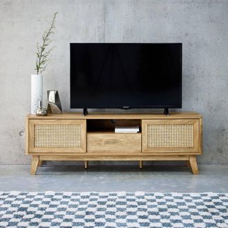 Sweeek 150cm Tv Unit Wooden Effect & Cane 2 Sliding Doors in Light Brown