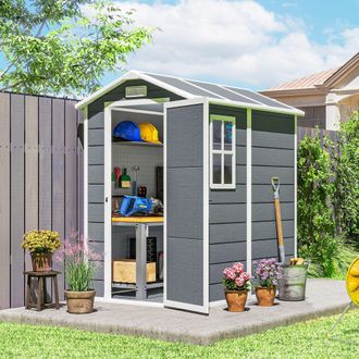 OUTSUNNY 4 x 6ft Plastic Garden Shed with Floor, Window & Lockable Door in Grey