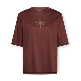 Elena Miro Tops, Dames, Bruin, L, Katoen, Katoenen T-shirt met libelapplicatie