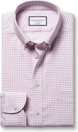 CHARLES TYRWHITT Non-Iron Stretch Oxford Check Cotton Shirt - Dark Pink Single Cuff Size 15.5/33 by Charles Tyrwhitt