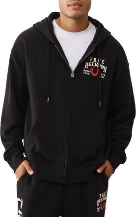 True Religion Flag Cotton Blend Zip-Up Hoodie in Jet Black at Nordstrom, Size Xxx-Large