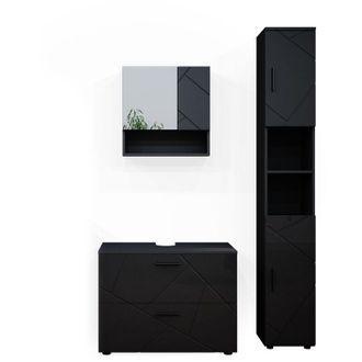 Vicco Conjunto De Muebles De Ba&ntilde;o Irma, Antracita Alto Brillo, 3 Piezas, Con Cajonera Y Mueble Alto, Vicco